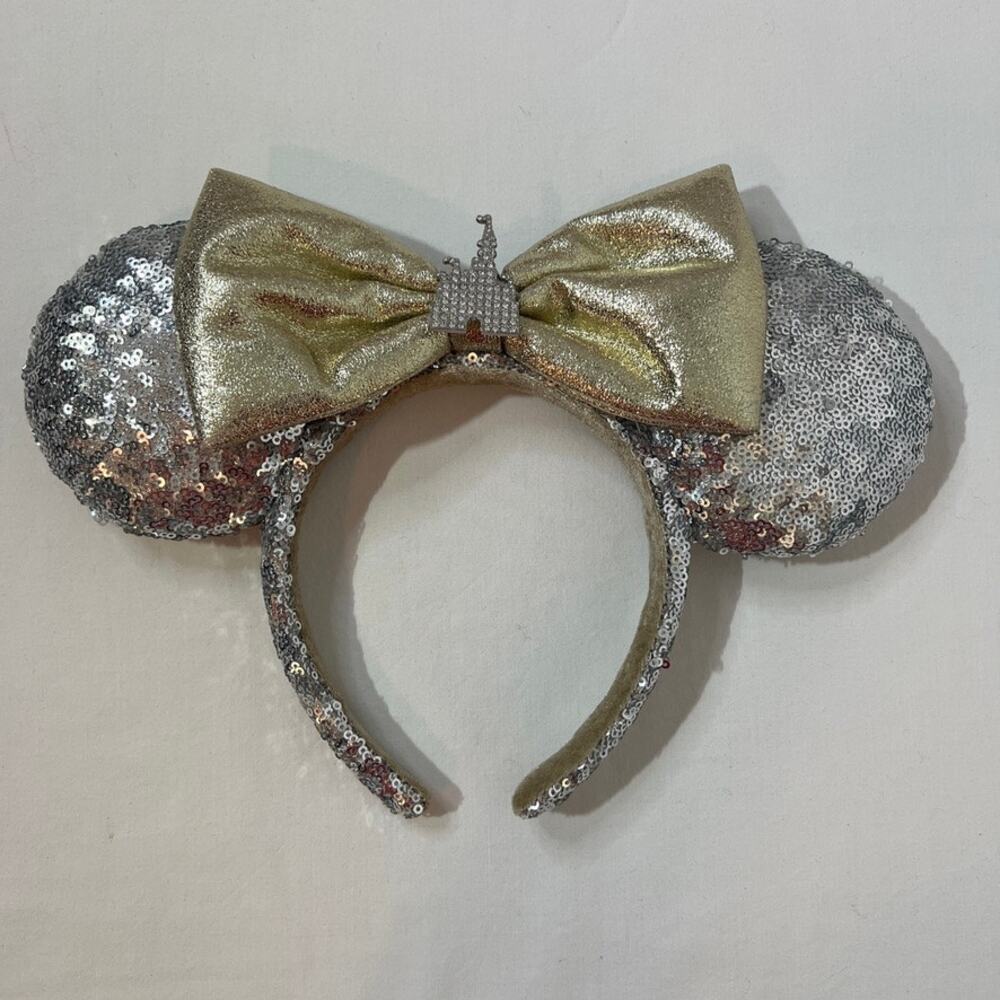 Disney Parks Minnie Ears Silver Sequins‎ Headband with Gold Bow Diamond Castle